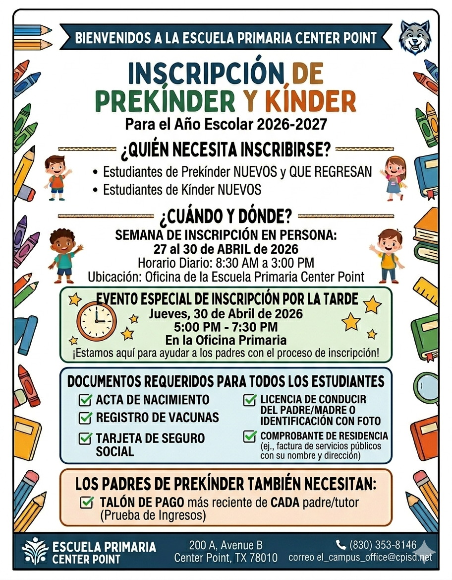 Colorful flyer for Center Point Elementary School's 2026-2027 Pre-K and Kindergarten enrollment, detailing dates, times, and required documents.